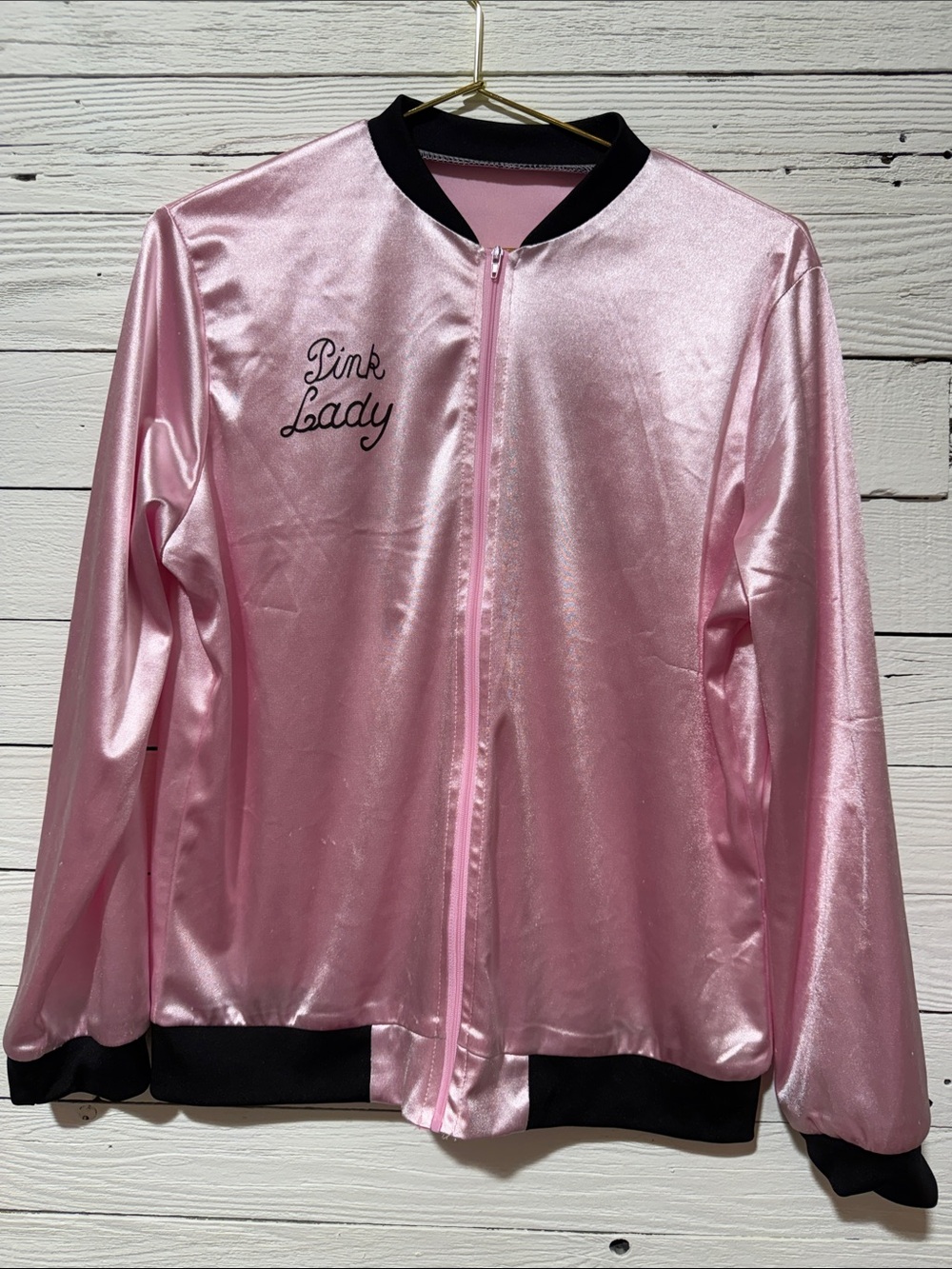 Pink Lady Satin Bomber Jacket - Light Pink with Black Trim